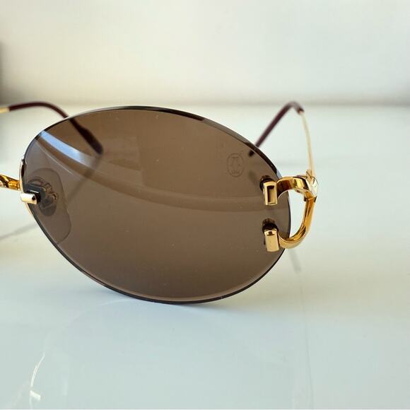 CARTIER Oval Rimless Sunglasses Brown  Gold Frame Authentic Vintage - Picture 3 of 10